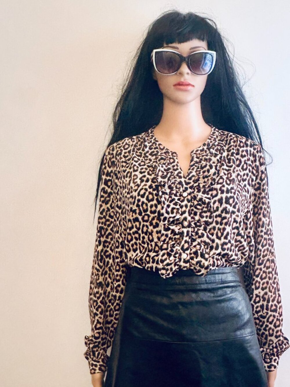 Karl Lagerfeld Paris Leopard Print Ruffle Blouse Animal Print Button Front Top